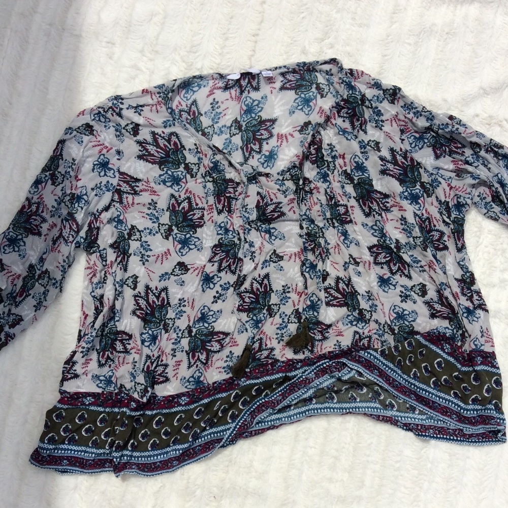 Great Northwest Indigo Boho Tassel Top 3/4 Sleeve
